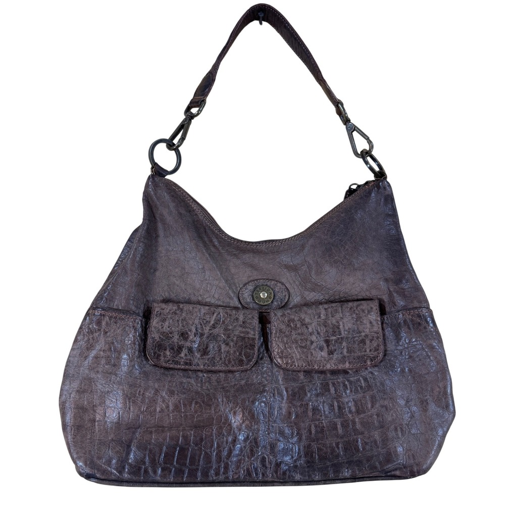 Terrida Brown Leather Croc Embossed Hobo Shoulder Bag Handbag Made in Italy‎